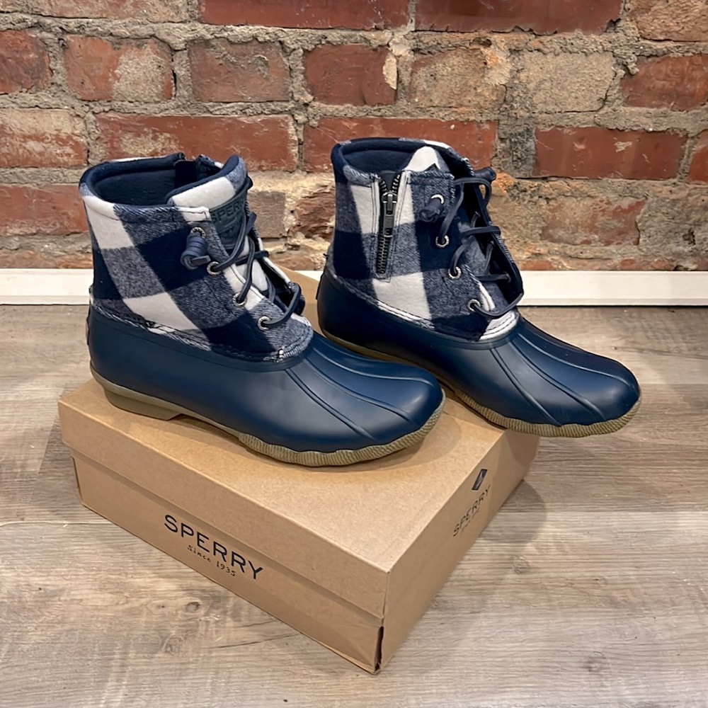 Sperry women’s saltwater Buffalo check duck boot Buffalo plaid wool shaft navy - Picture 7 of 13